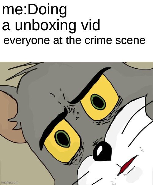 ok |  me:Doing a unboxing vid; everyone at the crime scene | image tagged in memes,unsettled tom | made w/ Imgflip meme maker