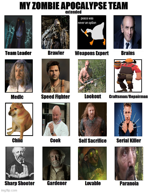 My zombie apocalypse team | image tagged in my zombie apocalypse team,zombie,memes,funny | made w/ Imgflip meme maker