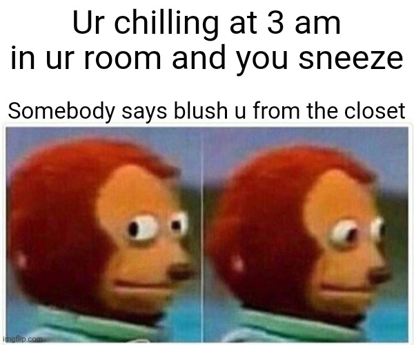 Help | Ur chilling at 3 am in ur room and you sneeze; Somebody says blush u from the closet | image tagged in memes,monkey puppet | made w/ Imgflip meme maker