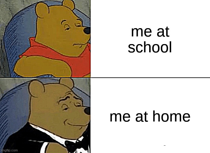 school vs home be like | me at school; me at home | image tagged in memes,tuxedo winnie the pooh | made w/ Imgflip meme maker