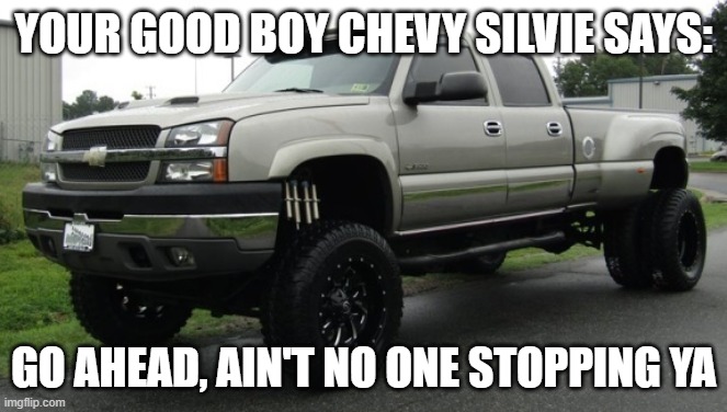 cateye chevy | YOUR GOOD BOY CHEVY SILVIE SAYS: GO AHEAD, AIN'T NO ONE STOPPING YA | image tagged in cateye chevy | made w/ Imgflip meme maker