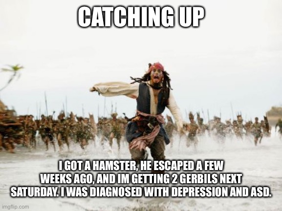 :/ | CATCHING UP; I GOT A HAMSTER, HE ESCAPED A FEW WEEKS AGO, AND IM GETTING 2 GERBILS NEXT SATURDAY. I WAS DIAGNOSED WITH DEPRESSION AND ASD. | image tagged in memes,jack sparrow being chased | made w/ Imgflip meme maker