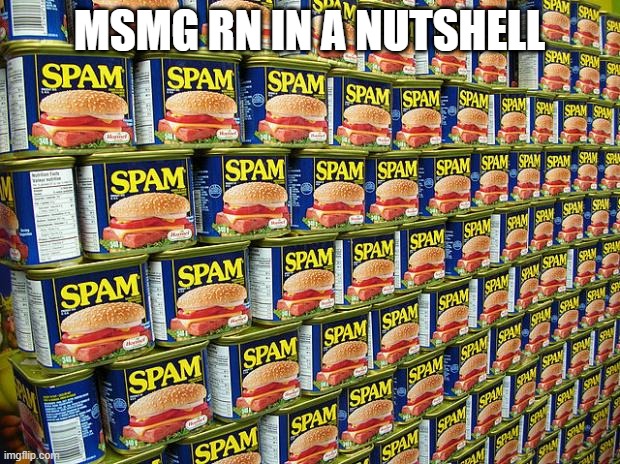 Spam, Delicous | MSMG RN IN A NUTSHELL | image tagged in spam delicous | made w/ Imgflip meme maker