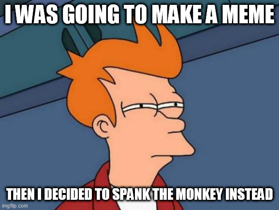 Futurama Fry Meme | I WAS GOING TO MAKE A MEME; THEN I DECIDED TO SPANK THE MONKEY INSTEAD | image tagged in memes,futurama fry | made w/ Imgflip meme maker