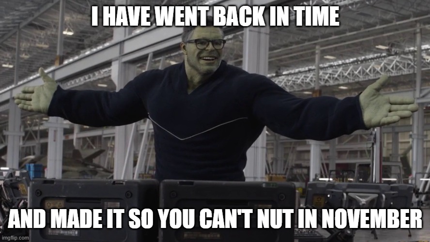 Hulk time travel | I HAVE WENT BACK IN TIME; AND MADE IT SO YOU CAN'T NUT IN NOVEMBER | image tagged in hulk time travel | made w/ Imgflip meme maker