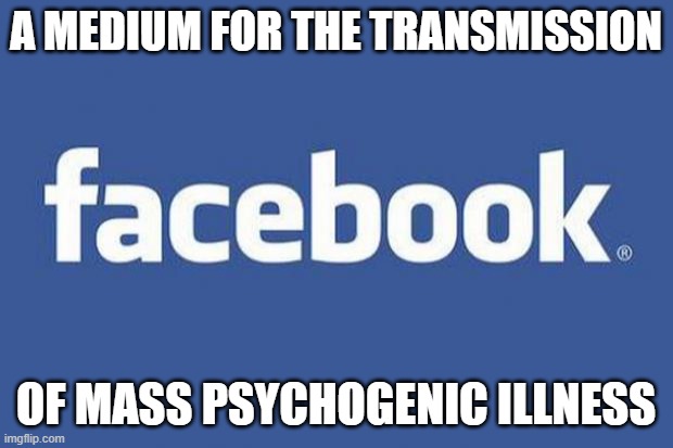 Social Media: Because Misery Loves Company | A MEDIUM FOR THE TRANSMISSION; OF MASS PSYCHOGENIC ILLNESS | image tagged in facebook,mental illness,pandemic,disease,misery,company | made w/ Imgflip meme maker