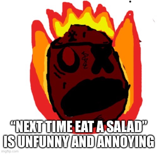 Angy man burns alive | “NEXT TIME EAT A SALAD” IS UNFUNNY AND ANNOYING | image tagged in angy man burns alive | made w/ Imgflip meme maker