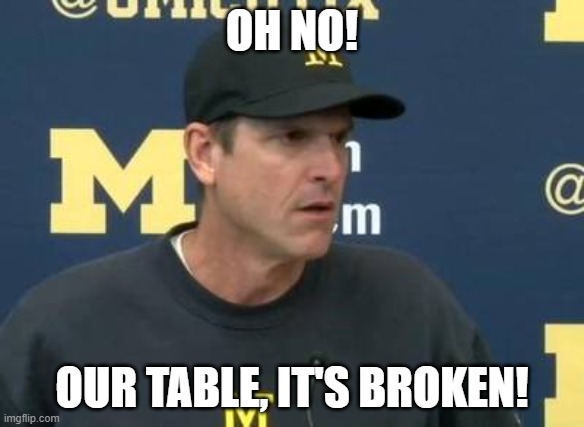 Confused Jim Harbaugh | OH NO! OUR TABLE, IT'S BROKEN! | image tagged in confused jim harbaugh | made w/ Imgflip meme maker