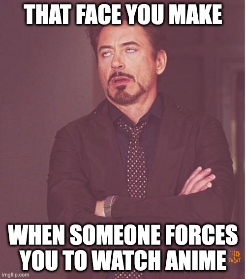 Trick or treat sticker is hiding in the meme, find it for a follow | THAT FACE YOU MAKE; WHEN SOMEONE FORCES YOU TO WATCH ANIME | image tagged in memes,face you make robert downey jr | made w/ Imgflip meme maker