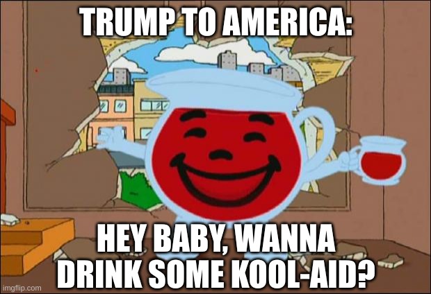 Koolaid Man | TRUMP TO AMERICA: HEY BABY, WANNA DRINK SOME KOOL-AID? | image tagged in koolaid man | made w/ Imgflip meme maker