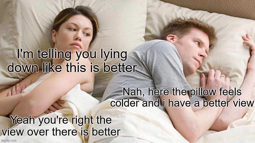 Alternate Dimension [i bet he's thinking about other women] | I'm telling you lying down like this is better; Nah, here the pillow feels colder and i have a better view; Yeah you're right the view over there is better | image tagged in memes,i bet he's thinking about other women | made w/ Imgflip meme maker