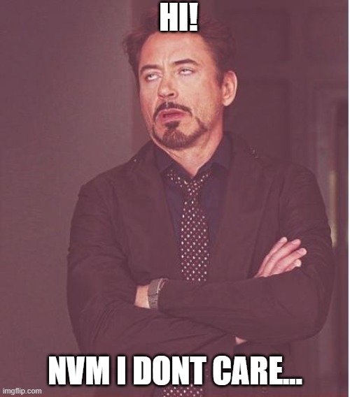 Iron Man | HI! NVM I DONT CARE... | image tagged in memes,face you make robert downey jr | made w/ Imgflip meme maker