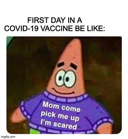 First day of covid-19 vaccine | FIRST DAY IN A COVID-19 VACCINE BE LIKE: | image tagged in patrick mom come pick me up i'm scared | made w/ Imgflip meme maker