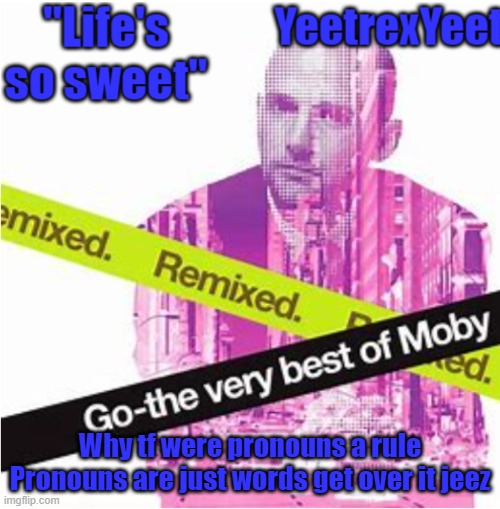 Moby 3.0 | Why tf were pronouns a rule
Pronouns are just words get over it jeez | image tagged in moby 3 0 | made w/ Imgflip meme maker