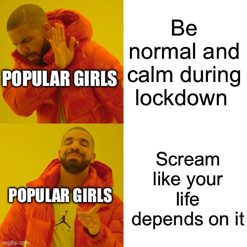 Popular girls | Be normal and calm during lockdown; POPULAR GIRLS; Scream like your life depends on it; POPULAR GIRLS | image tagged in memes,drake hotline bling | made w/ Imgflip meme maker