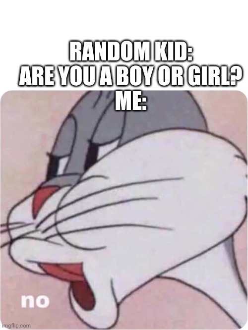 Hi I'm back from 3 weeks :) | RANDOM KID: ARE YOU A BOY OR GIRL?
ME: | image tagged in bugs bunny no | made w/ Imgflip meme maker