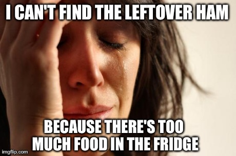 First World Problems | I CAN'T FIND THE LEFTOVER HAM BECAUSE THERE'S TOO MUCH FOOD IN THE FRIDGE | image tagged in memes,first world problems,AdviceAnimals | made w/ Imgflip meme maker