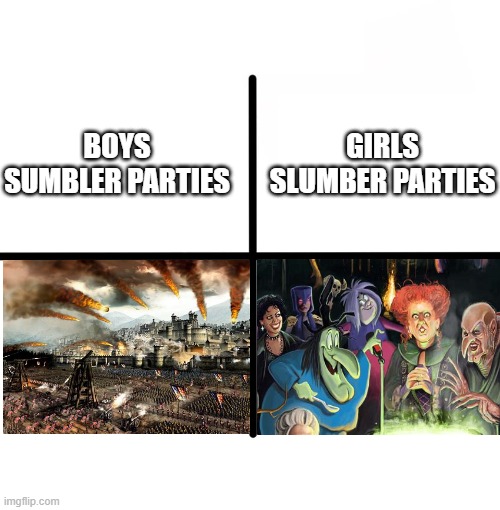 Girl vs Boy Slumber Part | GIRLS SLUMBER PARTIES; BOYS SUMBLER PARTIES | image tagged in memes,blank starter pack | made w/ Imgflip meme maker