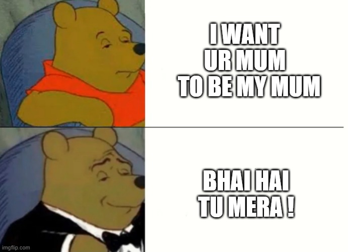 Fancy Winnie The Pooh Meme | I WANT UR MUM
  TO BE MY MUM; BHAI HAI TU MERA ! | image tagged in fancy winnie the pooh meme | made w/ Imgflip meme maker