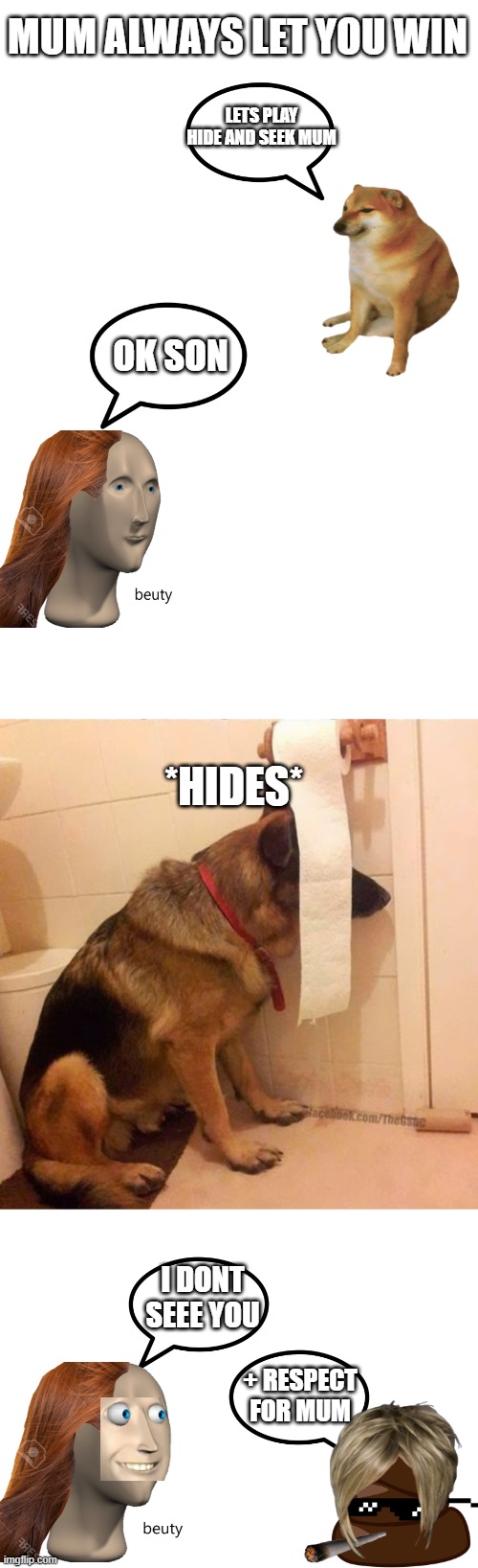 + respect | MUM ALWAYS LET YOU WIN; LETS PLAY HIDE AND SEEK MUM; OK SON; *HIDES*; I DONT SEEE YOU; + RESPECT FOR MUM | image tagged in blank white template,ninja dog hides behind toilet paper | made w/ Imgflip meme maker