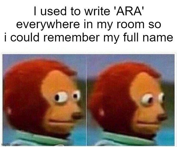 I AM LIL FOOL | I used to write 'ARA' everywhere in my room so i could remember my full name | image tagged in memes,monkey puppet | made w/ Imgflip meme maker