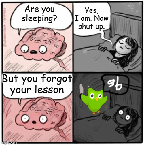 Brain Before Sleep | Yes, I am. Now shut up. Are you sleeping? But you forgot your lesson | image tagged in brain before sleep | made w/ Imgflip meme maker
