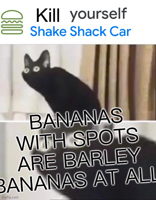 Oh No Black Cat | Kill; BANANAS WITH SPOTS ARE BARLEY BANANAS AT ALL! | image tagged in oh no black cat | made w/ Imgflip meme maker