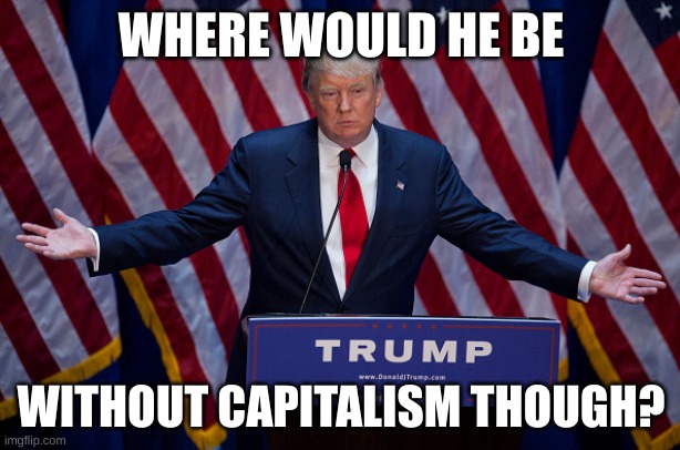 Donald Trump | WHERE WOULD HE BE WITHOUT CAPITALISM THOUGH? | image tagged in donald trump | made w/ Imgflip meme maker