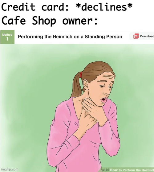 Wiki How articles can sometimes come in handy | Cafe Shop owner:; Credit card: *declines* | image tagged in memes,unfunny | made w/ Imgflip meme maker