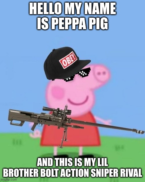 hi I'm Peppa pig | HELLO MY NAME IS PEPPA PIG; AND THIS IS MY LIL BROTHER BOLT ACTION SNIPER RIVAL | image tagged in mlg peppa pig | made w/ Imgflip meme maker