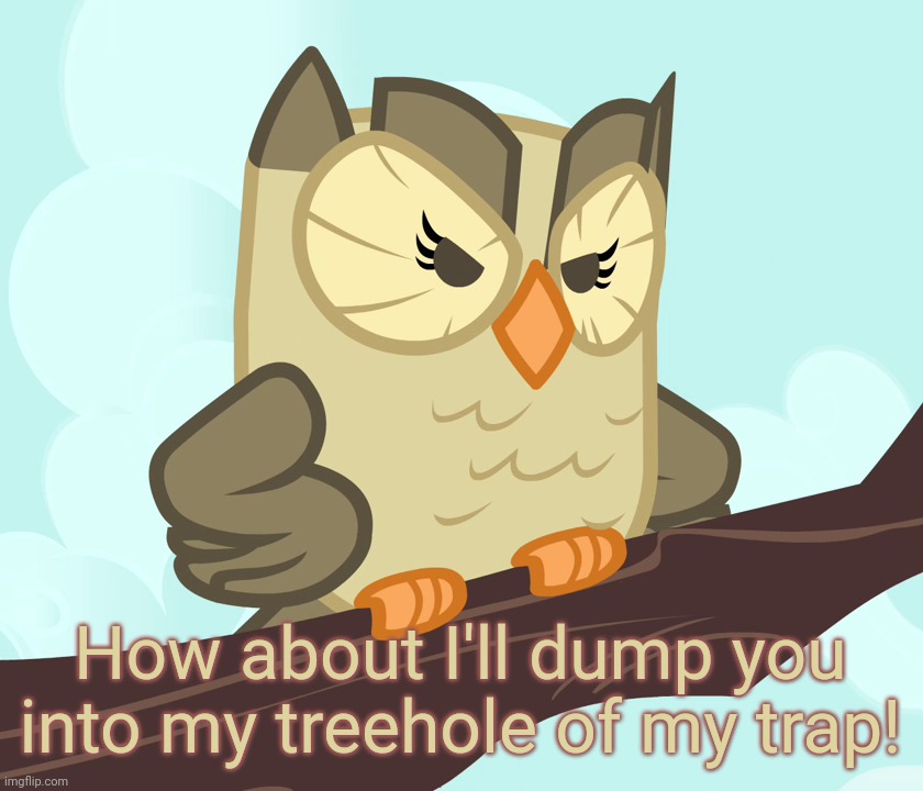 Scowled Owlowiscious (MLP) | How about I'll dump you into my treehole of my trap! | image tagged in scowled owlowiscious mlp | made w/ Imgflip meme maker