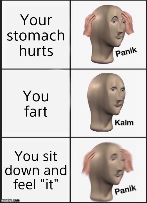 He Poo Himself | Your stomach hurts; You fart; You sit down and feel "it" | image tagged in memes,panik kalm panik | made w/ Imgflip meme maker