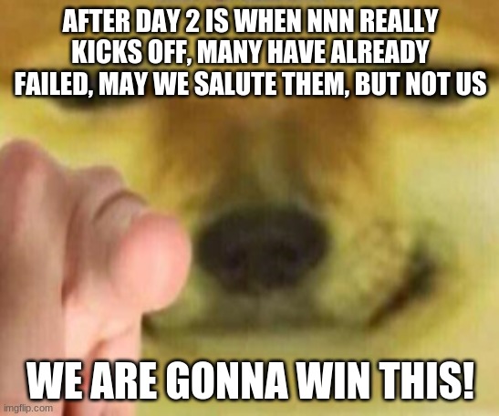Just a little motivation | AFTER DAY 2 IS WHEN NNN REALLY KICKS OFF, MANY HAVE ALREADY FAILED, MAY WE SALUTE THEM, BUT NOT US; WE ARE GONNA WIN THIS! | image tagged in cheems pointing at you | made w/ Imgflip meme maker