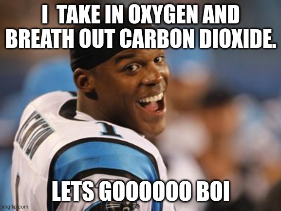 cam newton | I  TAKE IN OXYGEN AND BREATH OUT CARBON DIOXIDE. LETS GOOOOOO BOI | image tagged in cam newton | made w/ Imgflip meme maker