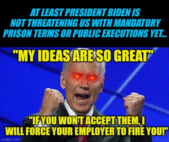 While there are few silver linings to the cloudy Biden Administration...at least he is not going full dictatorship just yet... |  AT LEAST PRESIDENT BIDEN IS NOT THREATENING US WITH MANDATORY PRISON TERMS OR PUBLIC EXECUTIONS YET... "MY IDEAS ARE SO GREAT"; "IF YOU WON'T ACCEPT THEM, I WILL FORCE YOUR EMPLOYER TO FIRE YOU!" | image tagged in joe biden fists angry,the dictator,biased media,liberal logic,stupid people | made w/ Imgflip meme maker