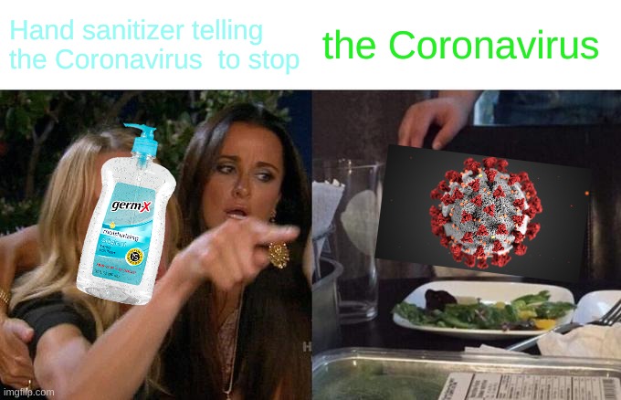 Woman Yelling At Cat Meme | Hand sanitizer telling the Coronavirus  to stop; the Coronavirus | image tagged in memes,woman yelling at cat | made w/ Imgflip meme maker