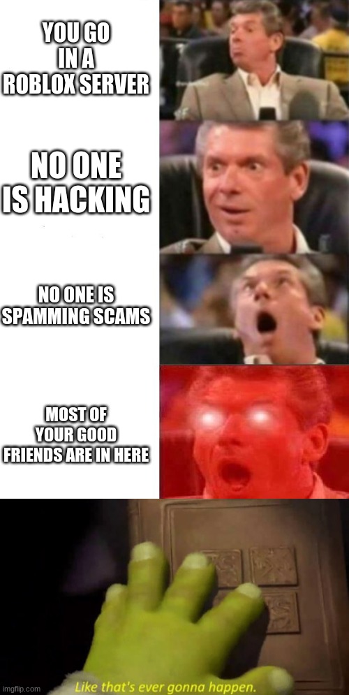 YOU GO IN A ROBLOX SERVER; NO ONE IS HACKING; NO ONE IS SPAMMING SCAMS; MOST OF YOUR GOOD FRIENDS ARE IN HERE | image tagged in mr mcmahon reaction | made w/ Imgflip meme maker