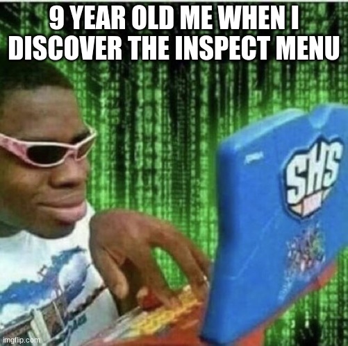 hacker boi |  9 YEAR OLD ME WHEN I DISCOVER THE INSPECT MENU | image tagged in ryan beckford,hackerman,hacking,cool,childhood | made w/ Imgflip meme maker