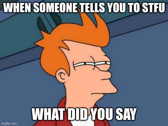 Futurama Fry | WHEN SOMEONE TELLS YOU TO STFU; WHAT DID YOU SAY | image tagged in memes,futurama fry | made w/ Imgflip meme maker