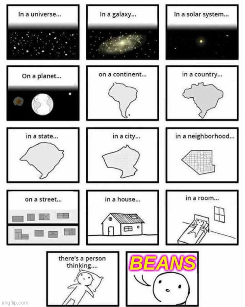 in a universe in a galaxy person thinking |  BEANS | image tagged in in a universe in a galaxy person thinking | made w/ Imgflip meme maker
