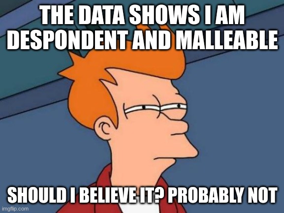 data, despondent and malleable | THE DATA SHOWS I AM DESPONDENT AND MALLEABLE; SHOULD I BELIEVE IT? PROBABLY NOT | image tagged in memes,futurama fry,vocab words | made w/ Imgflip meme maker