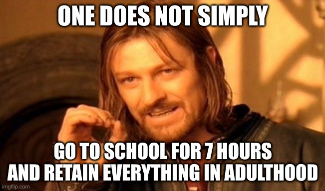 One Does Not Simply | ONE DOES NOT SIMPLY; GO TO SCHOOL FOR 7 HOURS AND RETAIN EVERYTHING IN ADULTHOOD | image tagged in memes,one does not simply | made w/ Imgflip meme maker