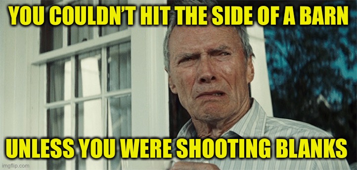 Clint Eastwood WTF | YOU COULDN’T HIT THE SIDE OF A BARN UNLESS YOU WERE SHOOTING BLANKS | image tagged in clint eastwood wtf | made w/ Imgflip meme maker