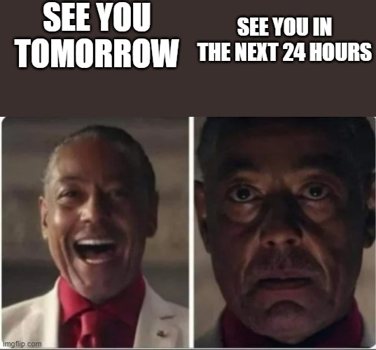 hmm | SEE YOU TOMORROW; SEE YOU IN THE NEXT 24 HOURS | image tagged in giancarlo esposito | made w/ Imgflip meme maker