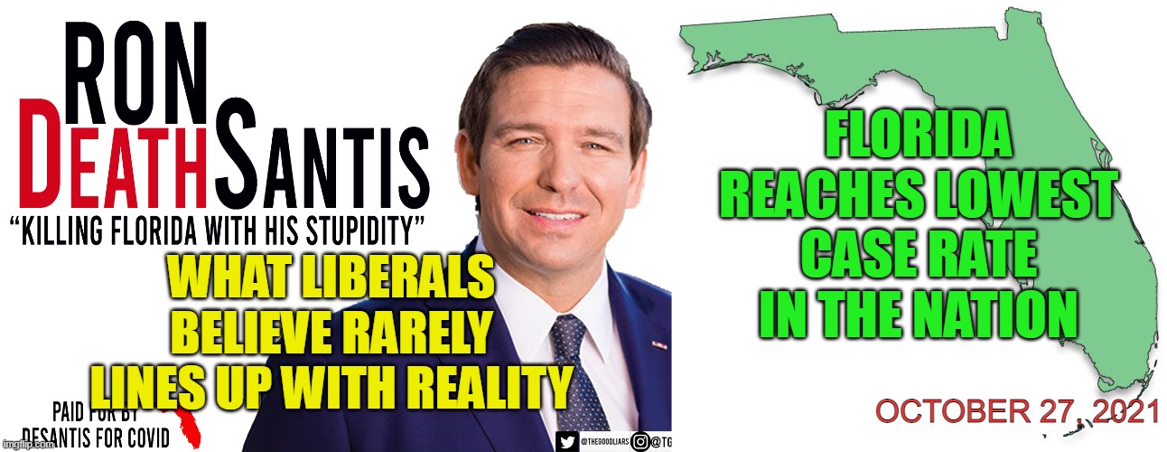 Can anyone think of a time when what libs believe DOES line up with reality? | FLORIDA REACHES LOWEST CASE RATE IN THE NATION; WHAT LIBERALS BELIEVE RARELY LINES UP WITH REALITY; OCTOBER 27, 2021 | image tagged in florida,covidiots,covid vaccine,liberal logic,stupid liberals | made w/ Imgflip meme maker