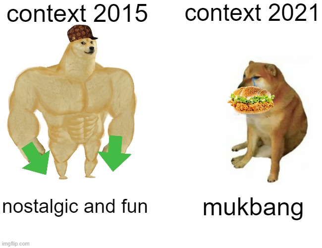 meme | context 2015; context 2021; nostalgic and fun; mukbang | image tagged in memes,buff doge vs cheems,toxic masculinity | made w/ Imgflip meme maker