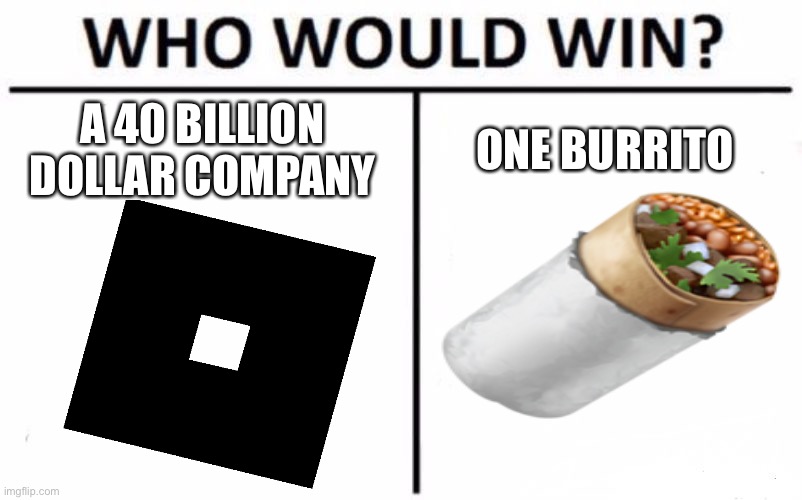 the burrito won | A 40 BILLION DOLLAR COMPANY; ONE BURRITO | image tagged in memes,who would win,roblox | made w/ Imgflip meme maker