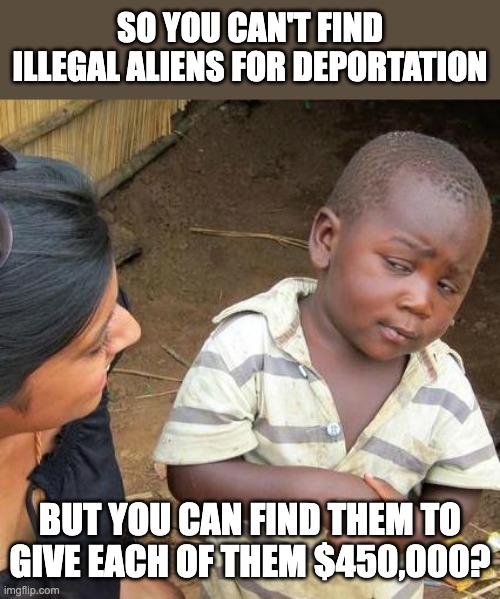 Illegal entry! | SO YOU CAN'T FIND ILLEGAL ALIENS FOR DEPORTATION; BUT YOU CAN FIND THEM TO GIVE EACH OF THEM $450,000? | image tagged in memes,third world skeptical kid | made w/ Imgflip meme maker