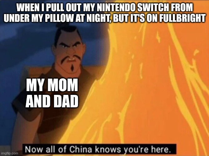 Now all of China knows you're here | WHEN I PULL OUT MY NINTENDO SWITCH FROM UNDER MY PILLOW AT NIGHT, BUT IT'S ON FULLBRIGHT; MY MOM AND DAD | image tagged in now all of china knows you're here | made w/ Imgflip meme maker