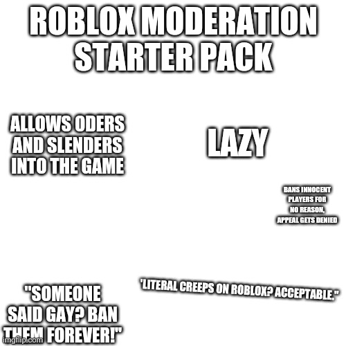 BLANK | ROBLOX MODERATION STARTER PACK; LAZY; ALLOWS ODERS AND SLENDERS INTO THE GAME; BANS INNOCENT PLAYERS FOR NO REASON, APPEAL GETS DENIED; 'LITERAL CREEPS ON ROBLOX? ACCEPTABLE."; "SOMEONE SAID GAY? BAN THEM FOREVER!" | image tagged in blank | made w/ Imgflip meme maker